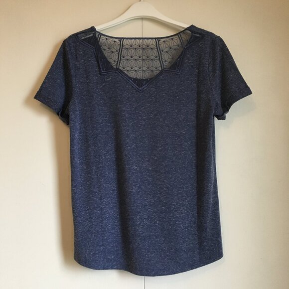 Independence Blue Heathered Linen Blend Diamond Lace Back Tee - Picture 2 of 12